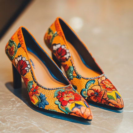 Tacones de lujo bordados a mano, con diseños florales vibrantes en tonos cálidos, hechos en Perú, perfectos para eventos especiales