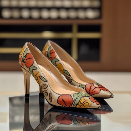 Tacones bordados a mano con diseños florales en tonos cálidos, hechos en Perú, perfectos para eventos formales y estilo sofisticado.