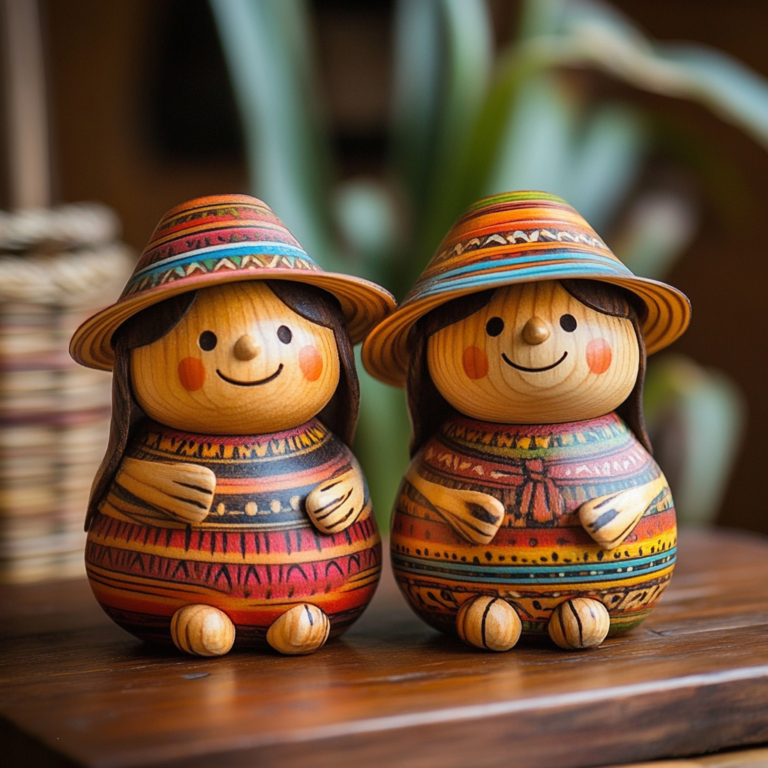 Muñecas andinas de madera pintadas a mano con trajes tradicionales, decoradas con colores vibrantes y detalles únicos, hechas en Perú.