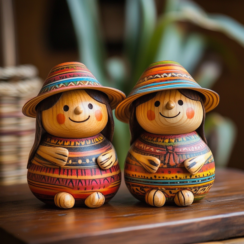 Muñecas andinas de madera pintadas a mano con trajes tradicionales, decoradas con colores vibrantes y detalles únicos, hechas en Perú.