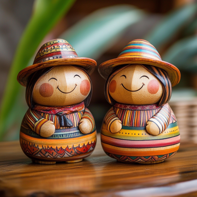 Muñecos andinos de madera pintados a mano, con trajes tradicionales coloridos y detalles únicos, hechos en Perú, perfectos para decoración o regalo.