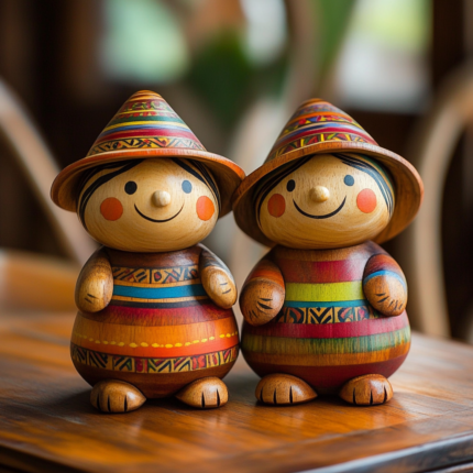 Muñecos andinos de madera pintados a mano con trajes tradicionales, diseño colorido y alegre.