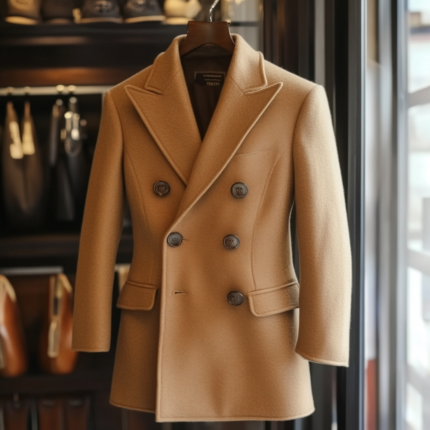 Abrigo de vicuña peruano, diseño clásico en color camel, lujo artesanal con materiales premium, perfecto para ocasiones formales.