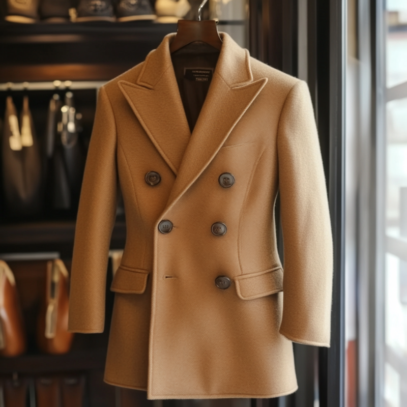 Abrigo de vicuña peruano, diseño clásico en color camel, lujo artesanal con materiales premium, perfecto para ocasiones formales.