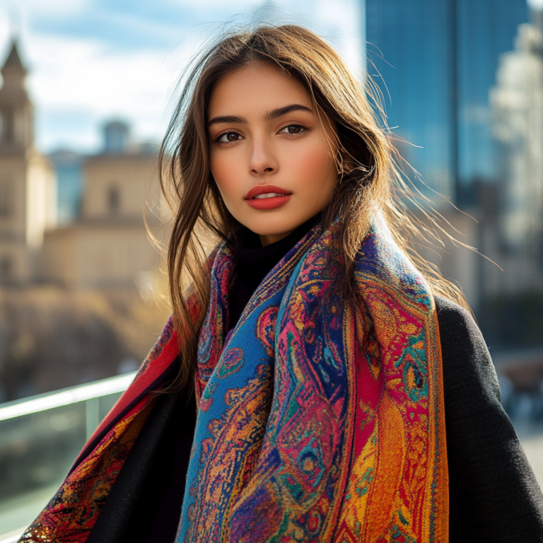 Mujer luciendo bufanda de alpaca fina con estampado étnico vibrante, hecha en Perú, ideal para un look sofisticado.