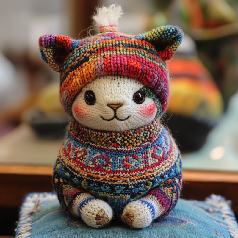 Gatito bordado con chompa andina peruana tejida a mano, artesanía de lujo con colores vibrantes y patrones tradicionales de los Andes.