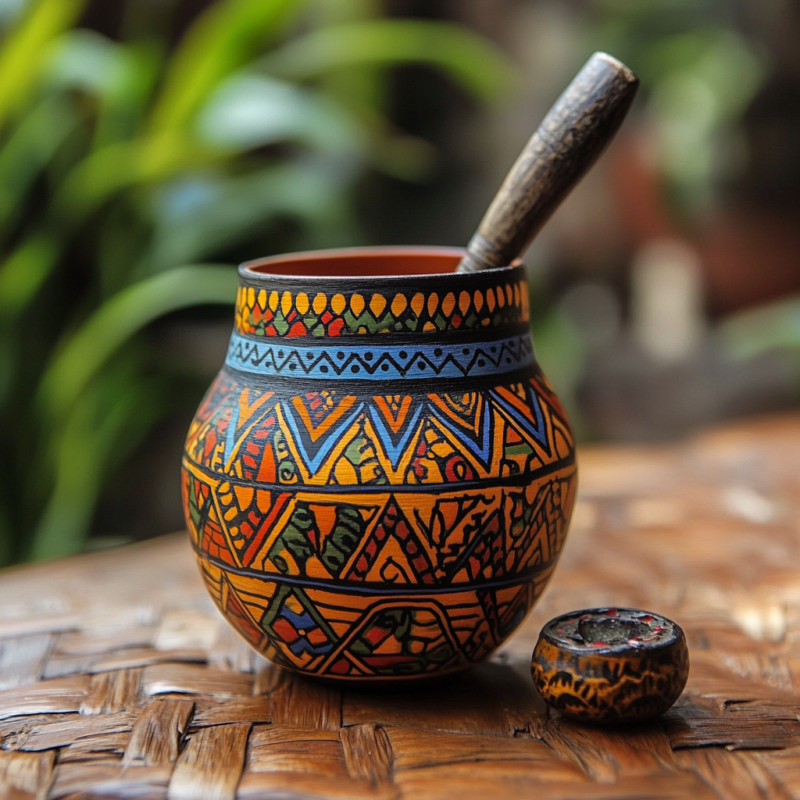Vaso de Mate burilado peruano inspirado en patrones asiáticos, ideal para tomar té, artesanal y decorativo.