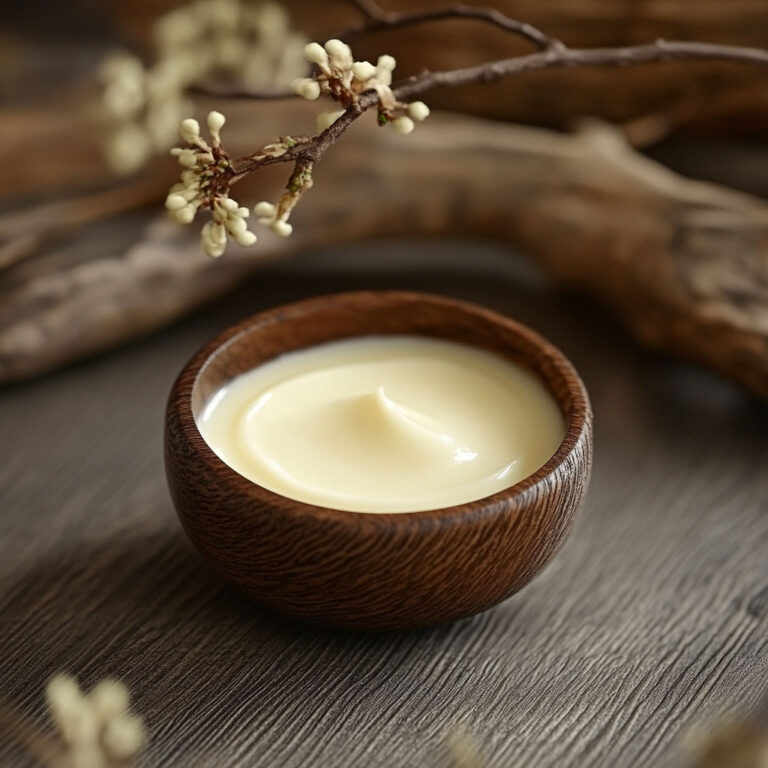 Crema natural de belleza en un elegante recipiente de madera, elaborada con ingredientes peruanos de origen natural.